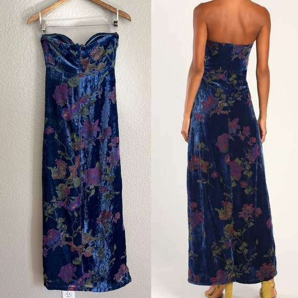 Exquisite Blue Floral Burnout Velvet Strapless Maxi Dress - Picture 5 of 10
